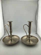 Load image into Gallery viewer, 8" Pair Pottery Barn Matte Brushed Silver Candlestick Holders
