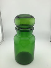 Load image into Gallery viewer, Green Glass Apothecary Jar w/Lid 9" Belgium VTG
