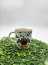 Load image into Gallery viewer, Handpainted Eli and Ana mug Vintage-Style Black Bat Boo Pumpkin
