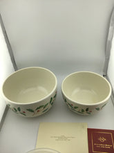 Load image into Gallery viewer, Holly Berry Stackable Bowls Set of 2 w Lids 6" &amp; 7" NEW BOX
