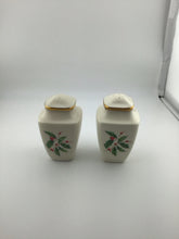Load image into Gallery viewer, Holly Berry Square Salt Pepper Shakers Gold Trim
