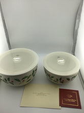Load image into Gallery viewer, Holly Berry Stackable Bowls Set of 2 w Lids 6" &amp; 7" NEW BOX
