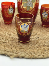 Load image into Gallery viewer, Bohemian glass gold enamel ruby decanter and 5 glasses
