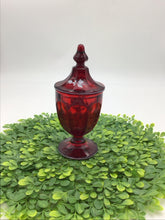 Load image into Gallery viewer, 8" Ruby Red Glass Lidded Candy Dish With Hand Painted Floral
