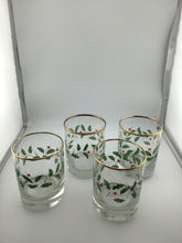 Load image into Gallery viewer, Set/4 Holly Berry Glass Set   Gold Rim Tumbler 4" (BOX)

