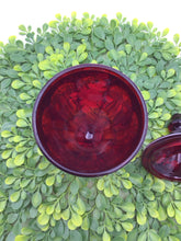 Load image into Gallery viewer, 8" Ruby Red Glass Lidded Candy Dish With Hand Painted Floral
