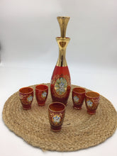 Load image into Gallery viewer, Bohemian glass gold enamel ruby decanter and 5 glasses
