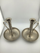 Load image into Gallery viewer, 8" Pair Pottery Barn Matte Brushed Silver Candlestick Holders
